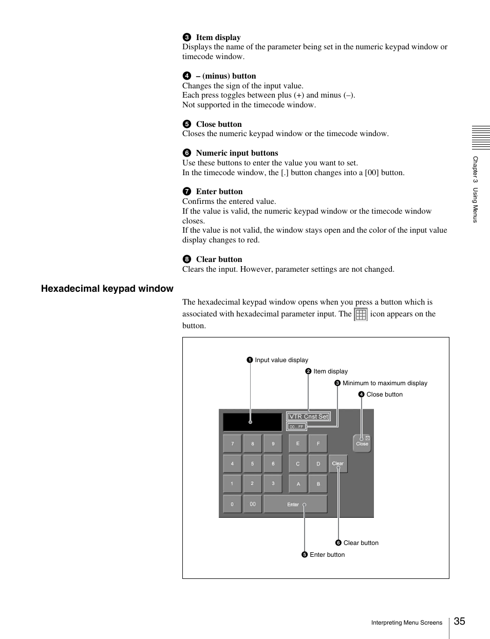 Hexadecimal keypad window | Sony MKS-2010 User Manual | Page 35 / 200