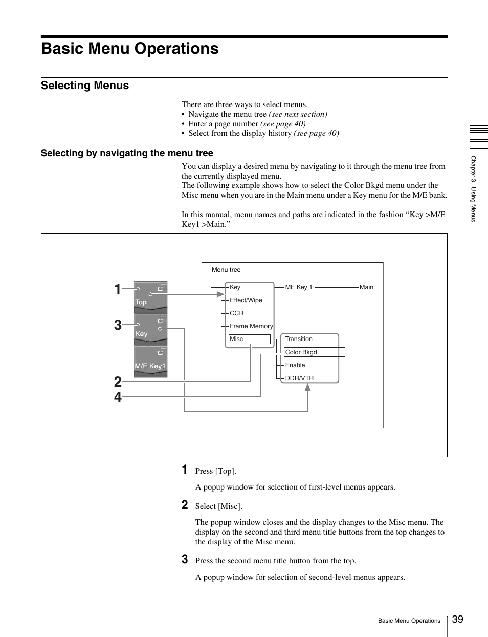 Basic menu operations, Selecting menus | Sony MKS-2010 User Manual | Page 39 / 200