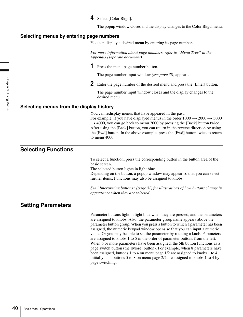 Selecting functions, Setting parameters, Selecting functions setting parameters | Sony MKS-2010 User Manual | Page 40 / 200