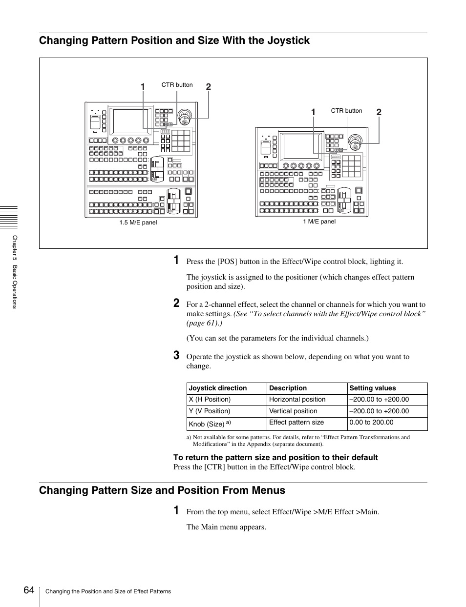 Changing pattern size and position from menus, Changing pattern position and size with the, Joystick | Changing pattern size and position from, Menus | Sony MKS-2010 User Manual | Page 64 / 200