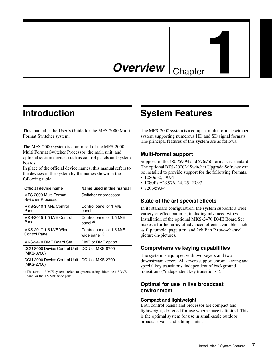 Chapter 1 overview, Introduction, System features | Introduction system features, Overview, Chapter | Sony MKS-2010 User Manual | Page 7 / 200
