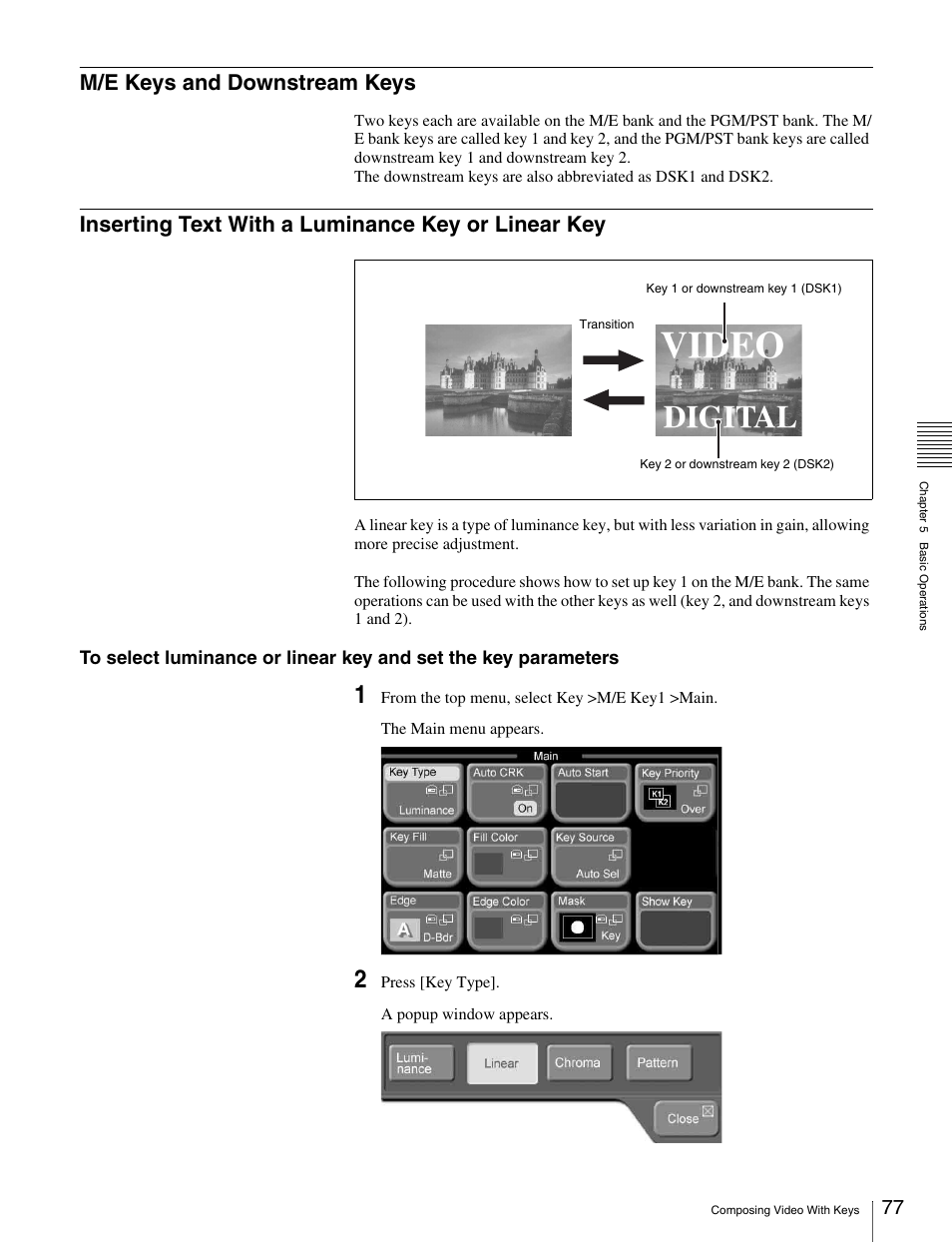 M/e keys and downstream keys, Inserting text with a luminance key or linear key, Linear key | Sony MKS-2010 User Manual | Page 77 / 200