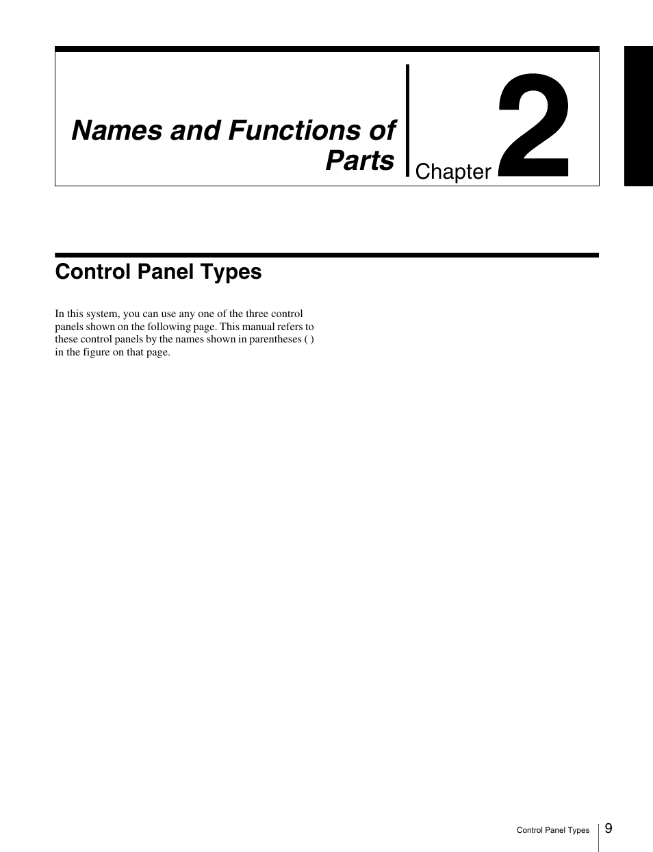 Chapter 2 names and functions of parts, Control panel types, Names and functions of parts | Chapter | Sony MKS-2010 User Manual | Page 9 / 200