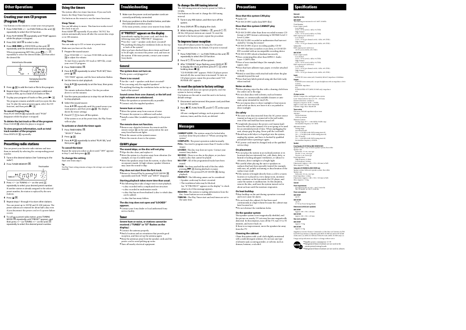 Other operations, Troubleshooting, Precautions | Specifications, Messages | Sony 3-294-663-11(2) User Manual | Page 2 / 2