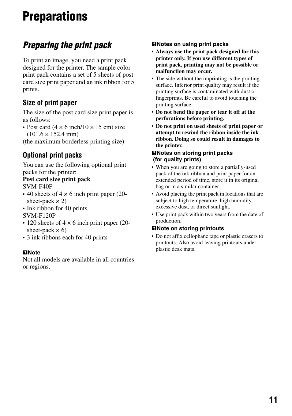 Preparations, Preparing the print pack | Sony DPP-FPHD1 User Manual | Page 11 / 32