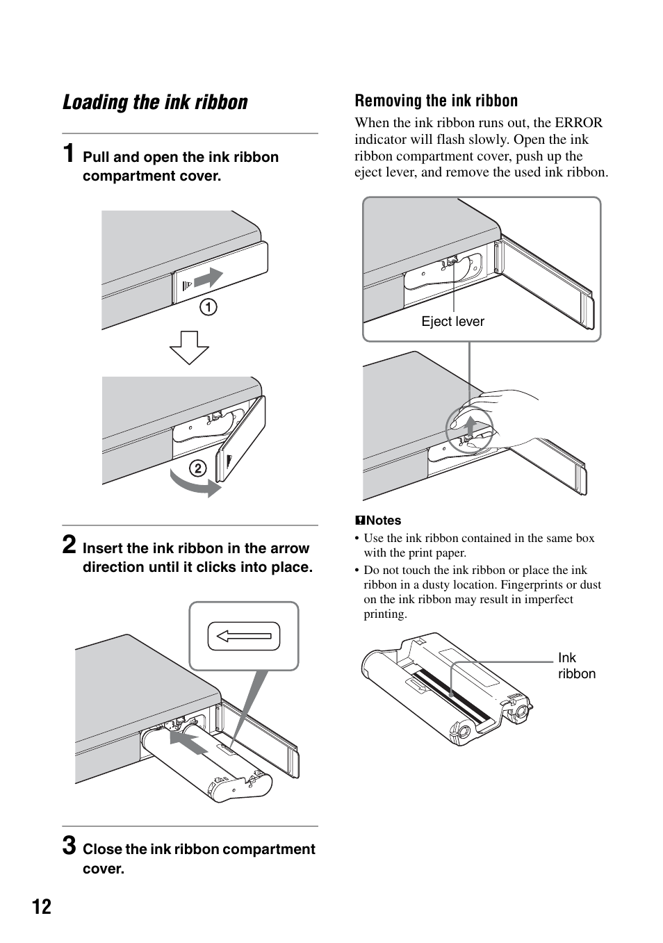 Loading the ink ribbon, Age 12, Age 12) | 12 loading the ink ribbon | Sony DPP-FPHD1 User Manual | Page 12 / 32