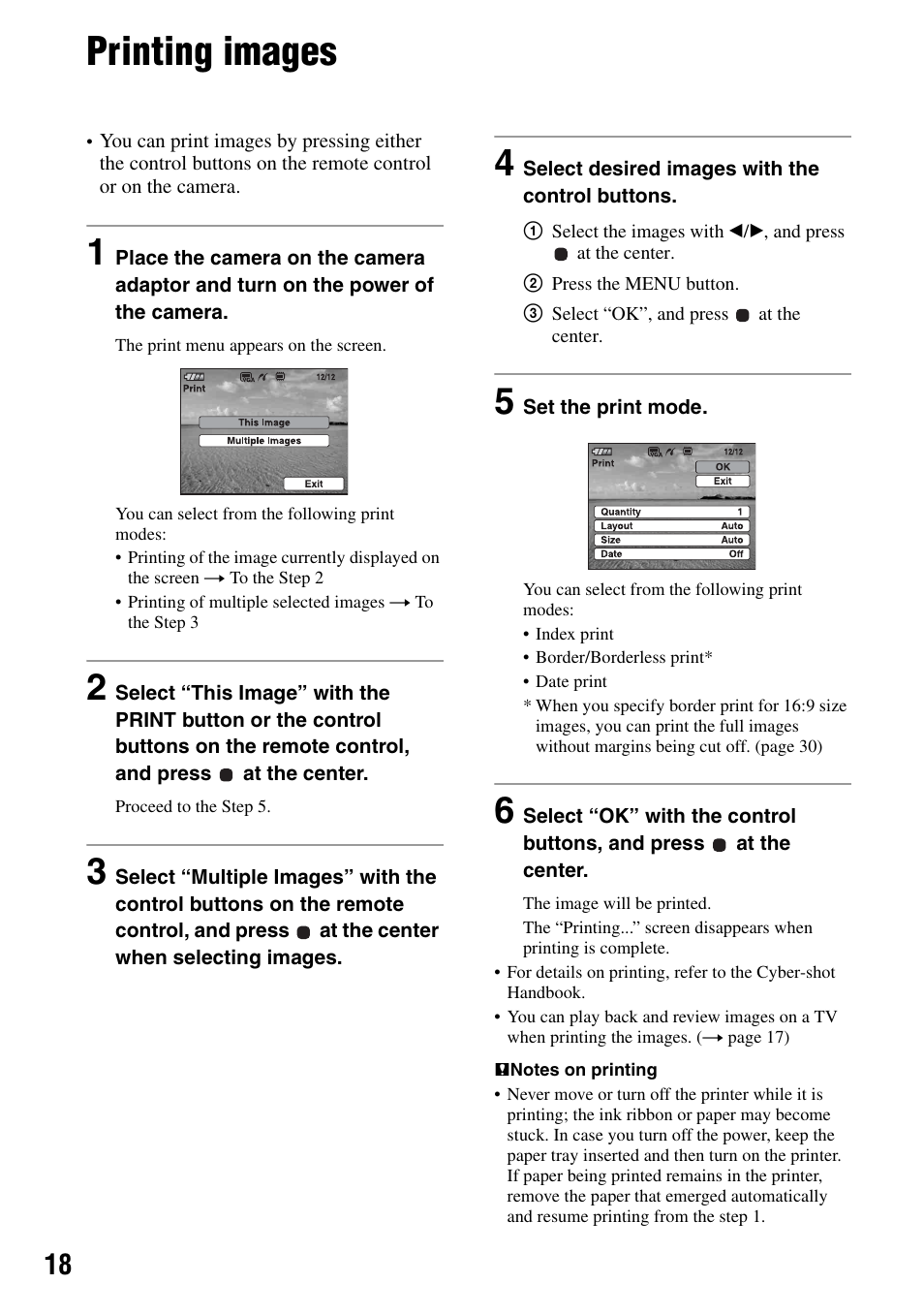 Printing images | Sony DPP-FPHD1 User Manual | Page 18 / 32