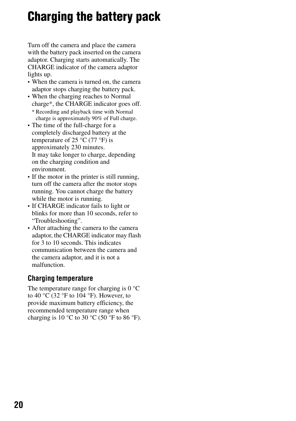 Charging the battery pack | Sony DPP-FPHD1 User Manual | Page 20 / 32