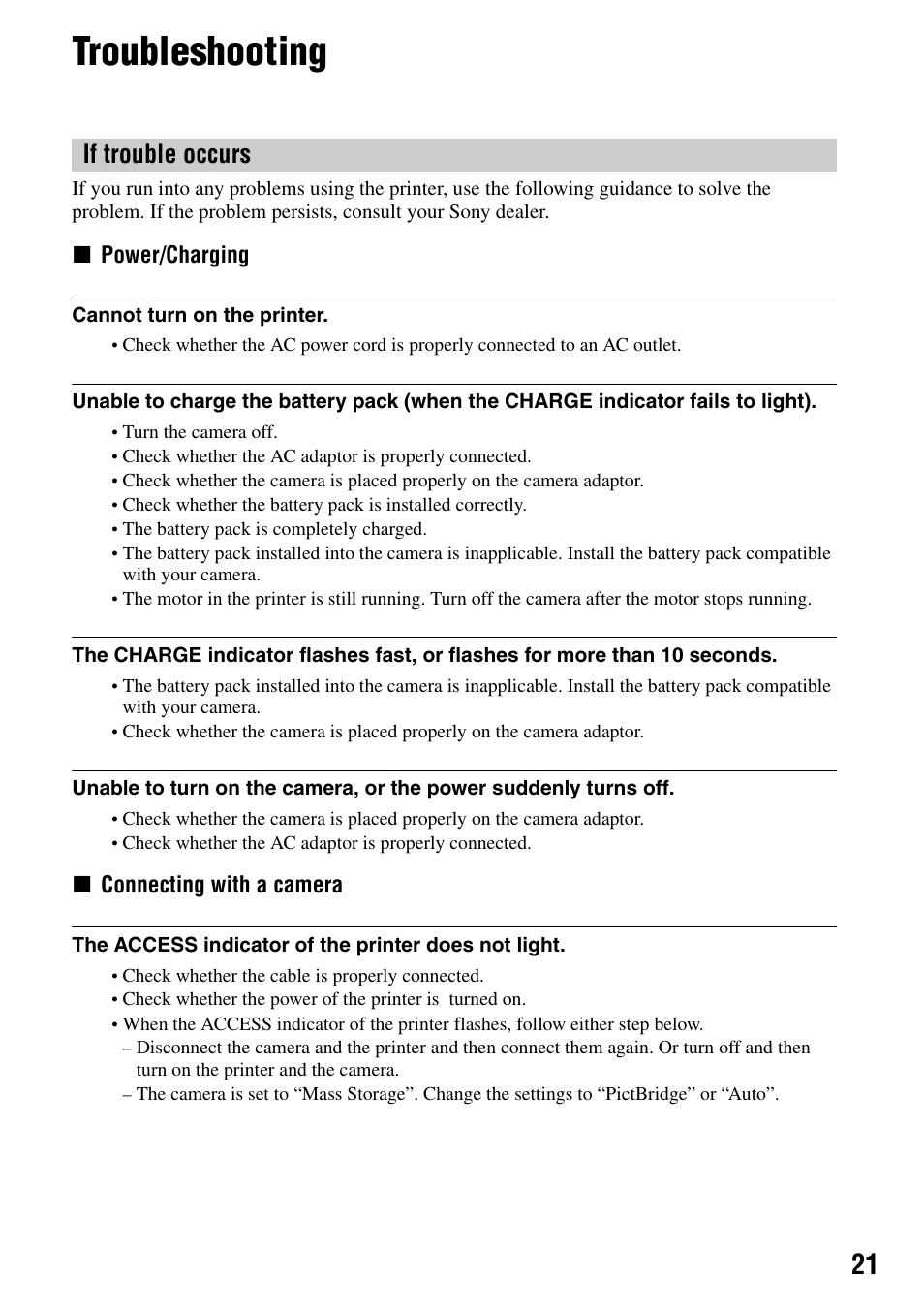 Troubleshooting, If trouble occurs | Sony DPP-FPHD1 User Manual | Page 21 / 32