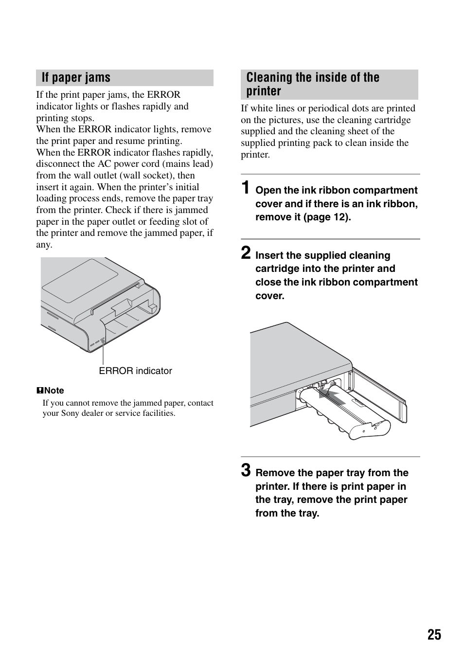 If paper jams, Cleaning the inside of the printer, If paper jams cleaning the inside of the printer | Sony DPP-FPHD1 User Manual | Page 25 / 32