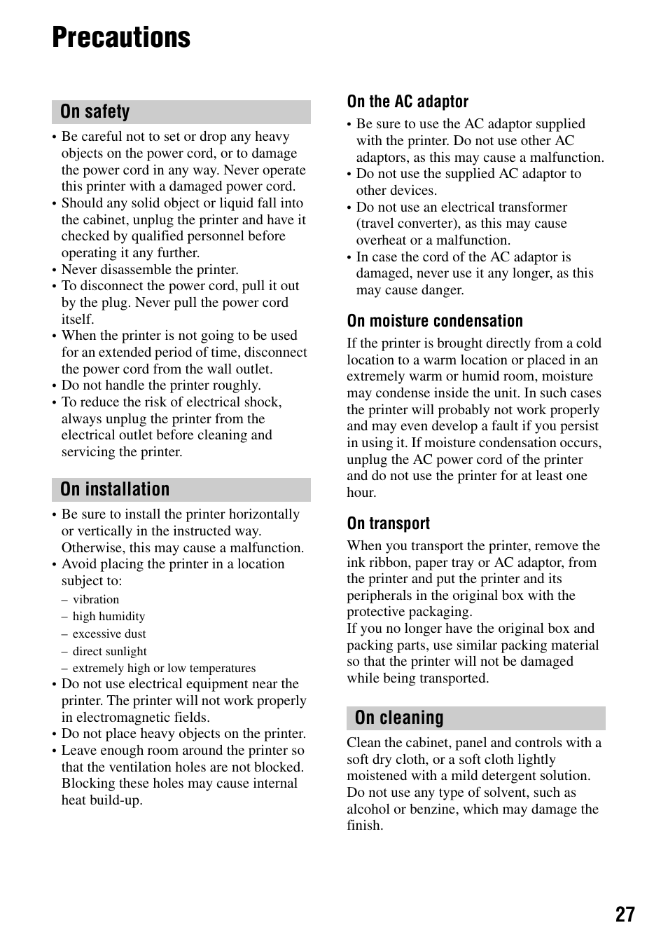 Precautions, On safety on installation on cleaning | Sony DPP-FPHD1 User Manual | Page 27 / 32