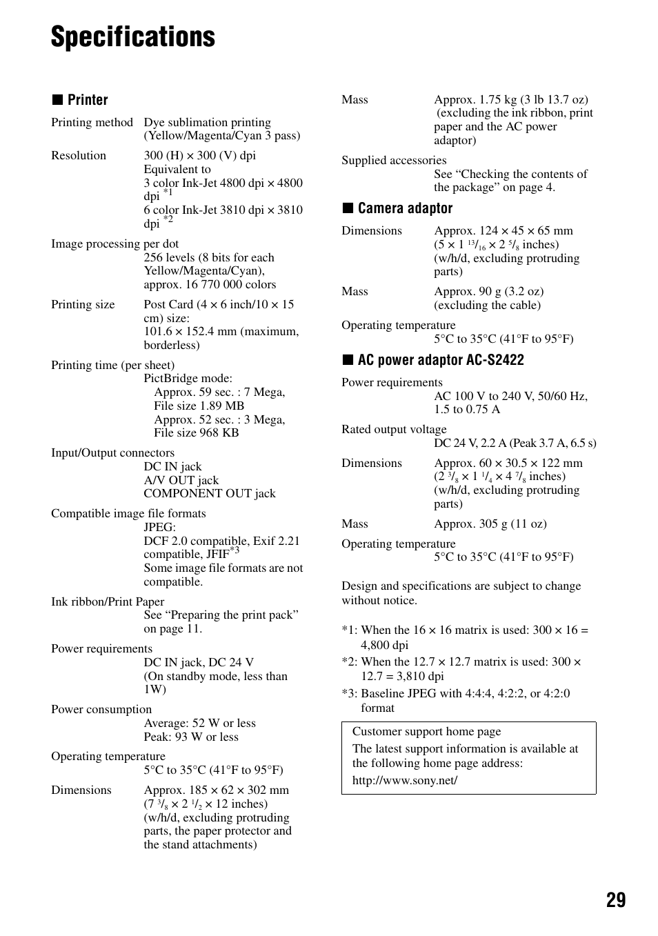 Specifications | Sony DPP-FPHD1 User Manual | Page 29 / 32