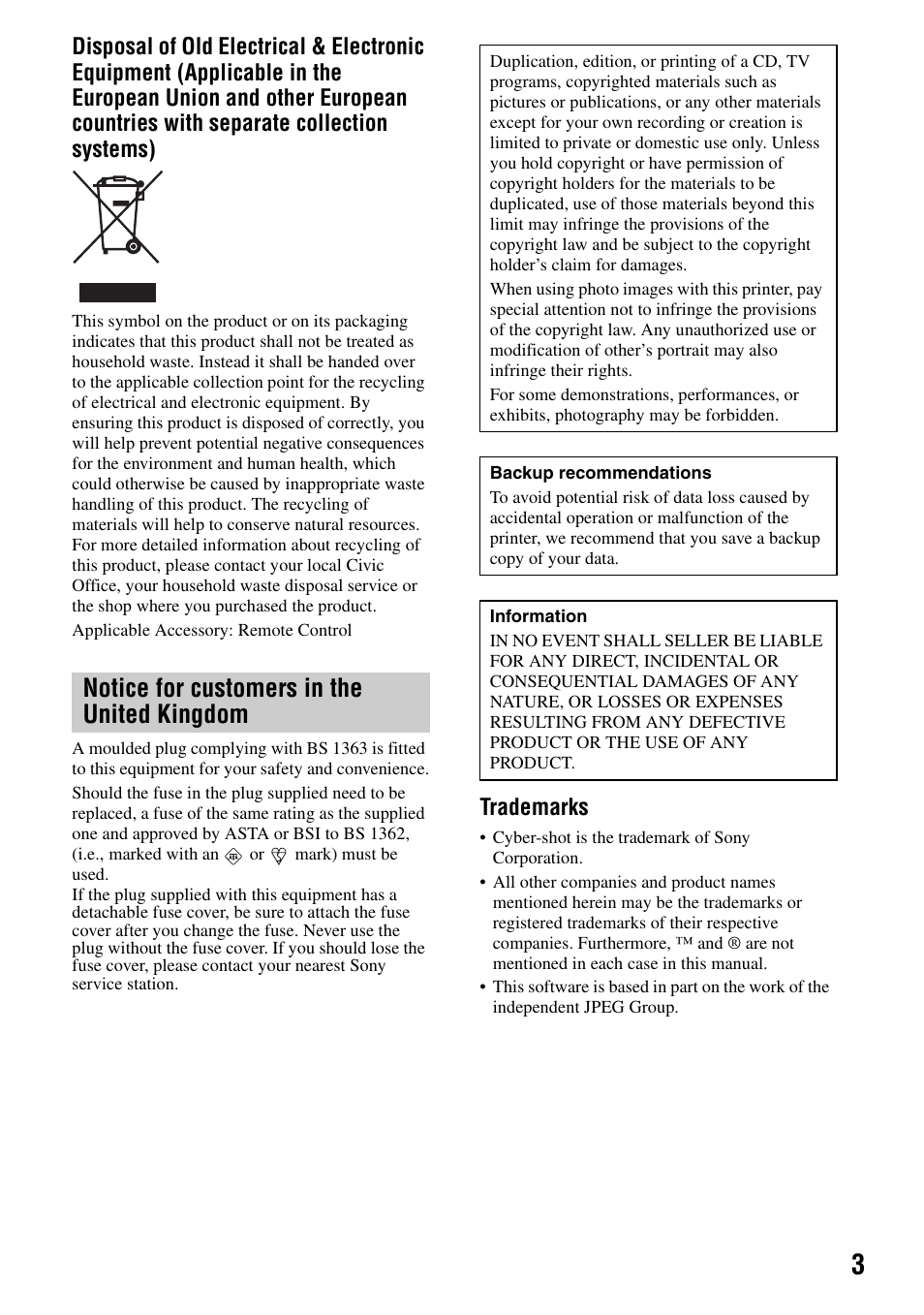 Notice for customers in the united kingdom | Sony DPP-FPHD1 User Manual | Page 3 / 32