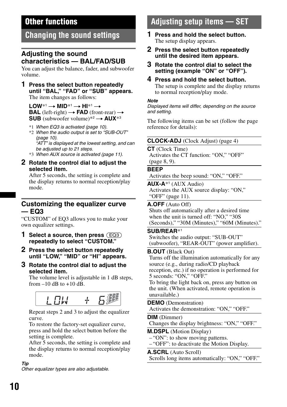 Other functions, Changing the sound settings, Adjusting the sound characteristics - bal/fad/sub | Customizing the equalizer curve - eq3, Adjusting setup items - set, Adjusting setup items — set, Other functions changing the sound settings | Sony CDX-GT292 User Manual | Page 10 / 36