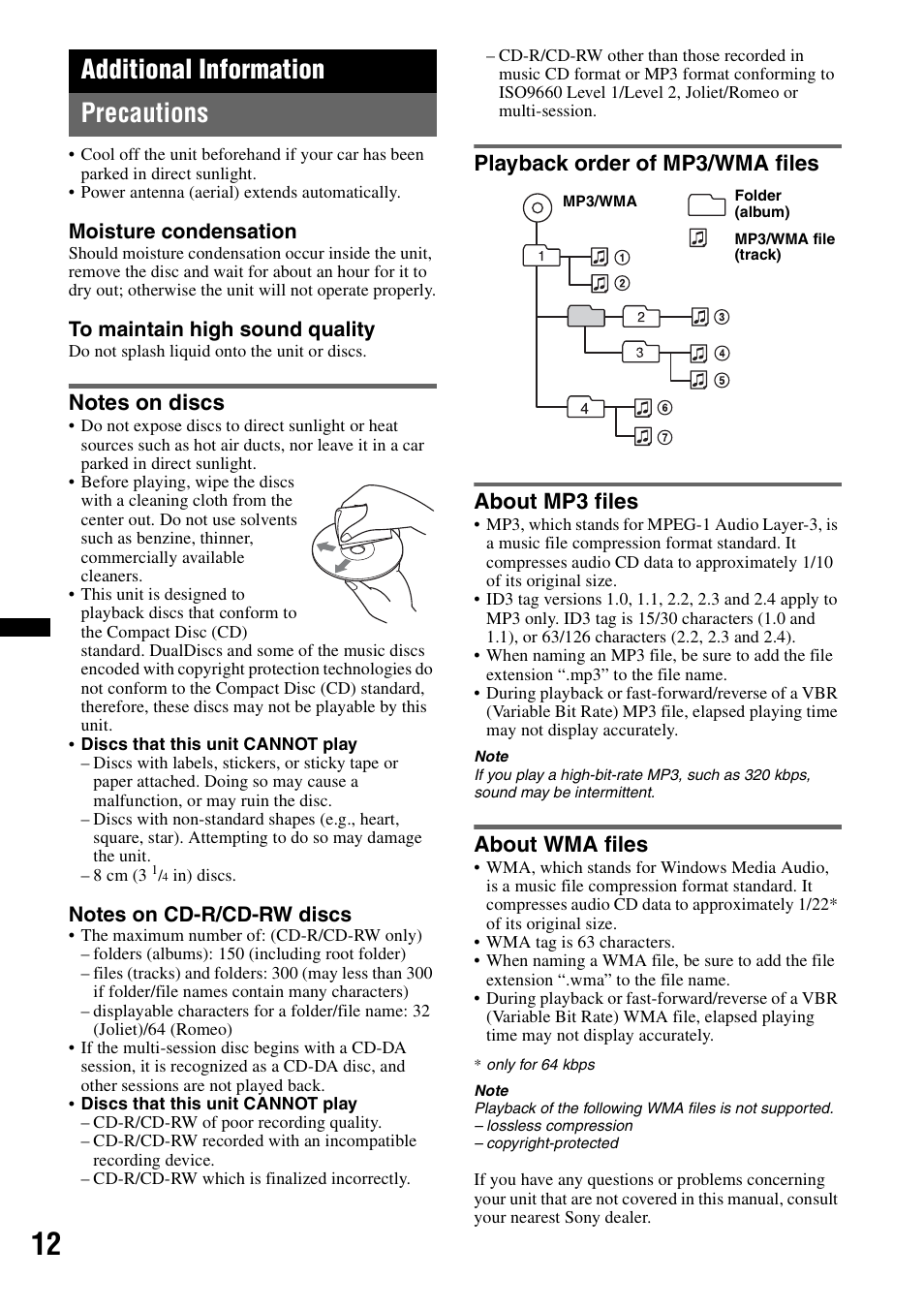 Additional information, Precautions, Notes on discs | Playback order of mp3/wma files, About mp3 files, About wma files, Additional information precautions, Playback order of mp3/wma files about mp3 files | Sony CDX-GT292 User Manual | Page 12 / 36