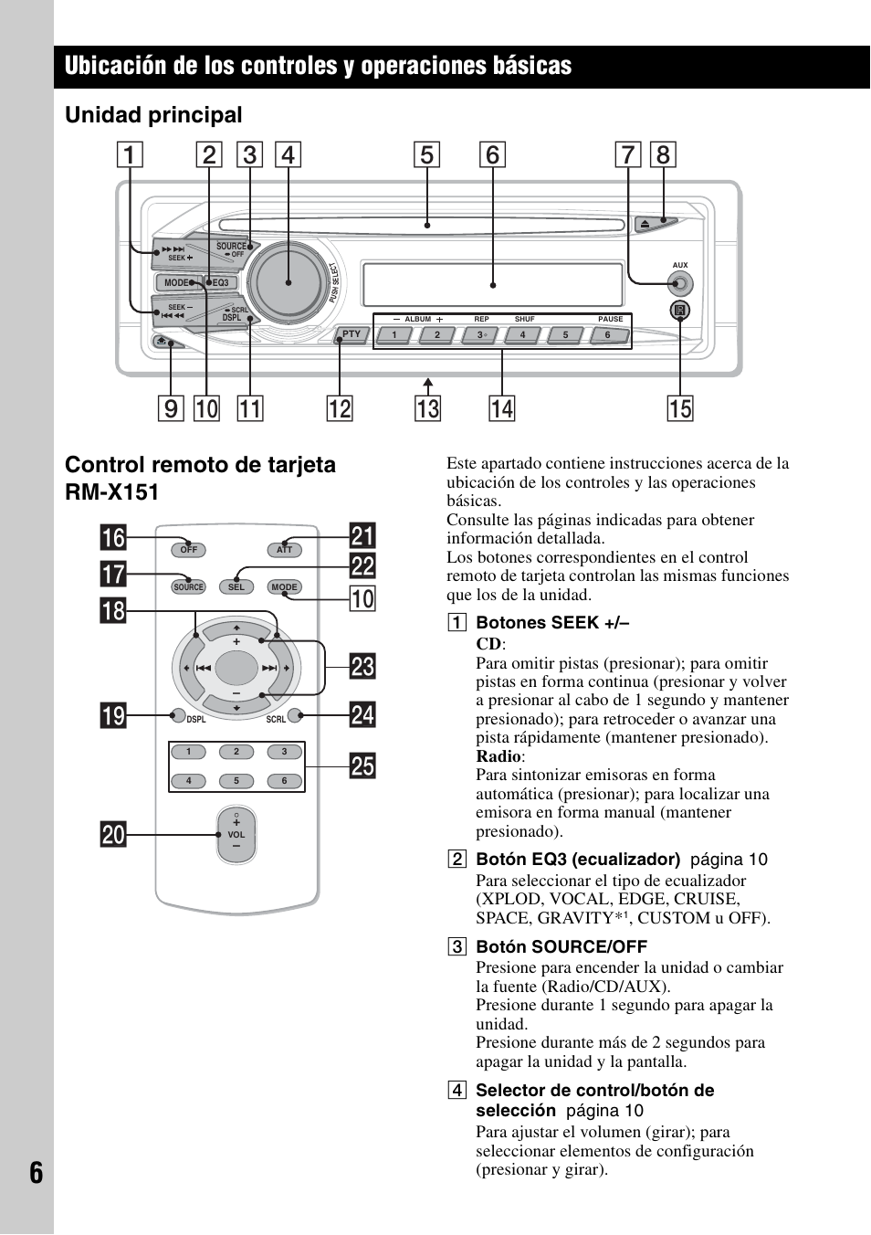 Ubicación de los controles y operaciones básicas, Unidad principal, Control remoto de tarjeta rm-x151 | Unidad principal control remoto de tarjeta rm-x151, Qj ws q; qh wf qk ql wa w; wg wd | Sony CDX-GT292 User Manual | Page 22 / 36