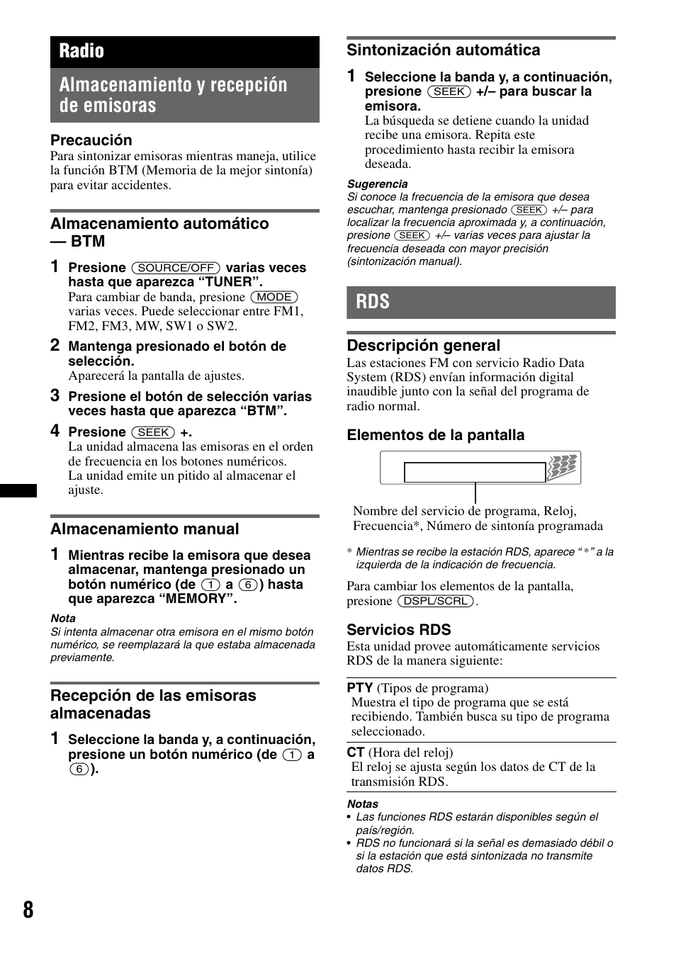 Radio, Almacenamiento y recepción de emisoras, Almacenamiento automático - btm | Almacenamiento manual, Recepción de las emisoras almacenadas, Sintonización automática, Descripción general, Radio almacenamiento y recepción de emisoras | Sony CDX-GT292 User Manual | Page 24 / 36