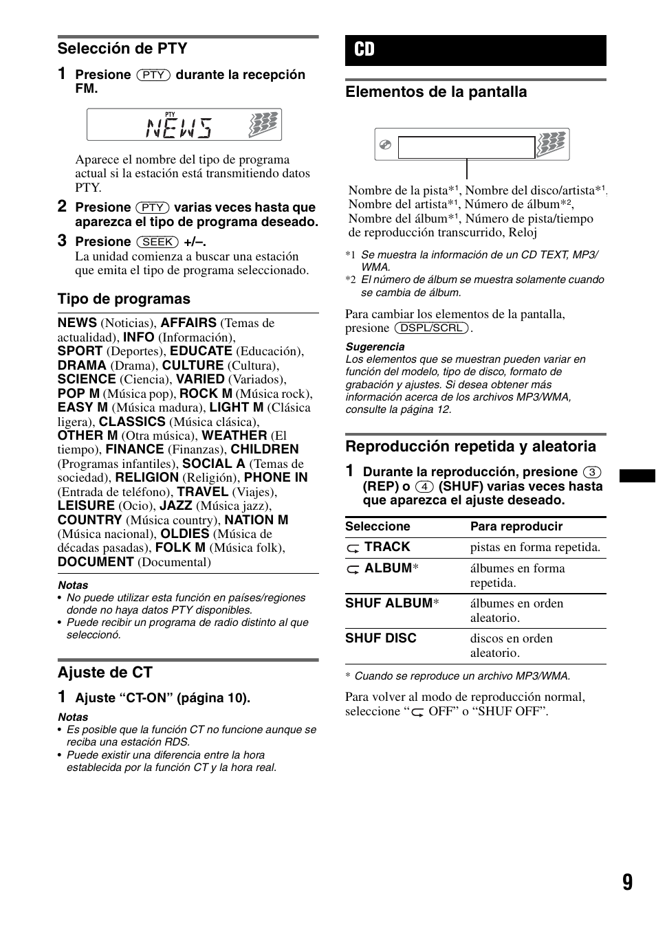 Selección de pty, Ajuste de ct, Elementos de la pantalla | Reproducción repetida y aleatoria, Selección de pty ajuste de ct | Sony CDX-GT292 User Manual | Page 25 / 36