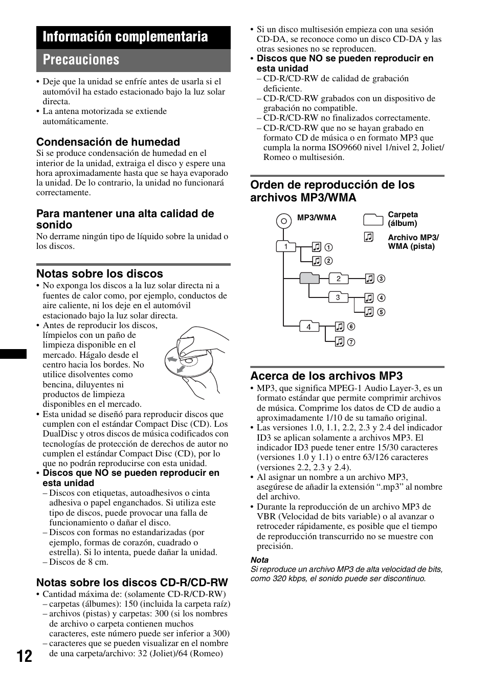 Información complementaria, Precauciones, Notas sobre los discos | Orden de reproducción de los archivos mp3/wma, Acerca de los archivos mp3, Información complementaria precauciones | Sony CDX-GT292 User Manual | Page 28 / 36