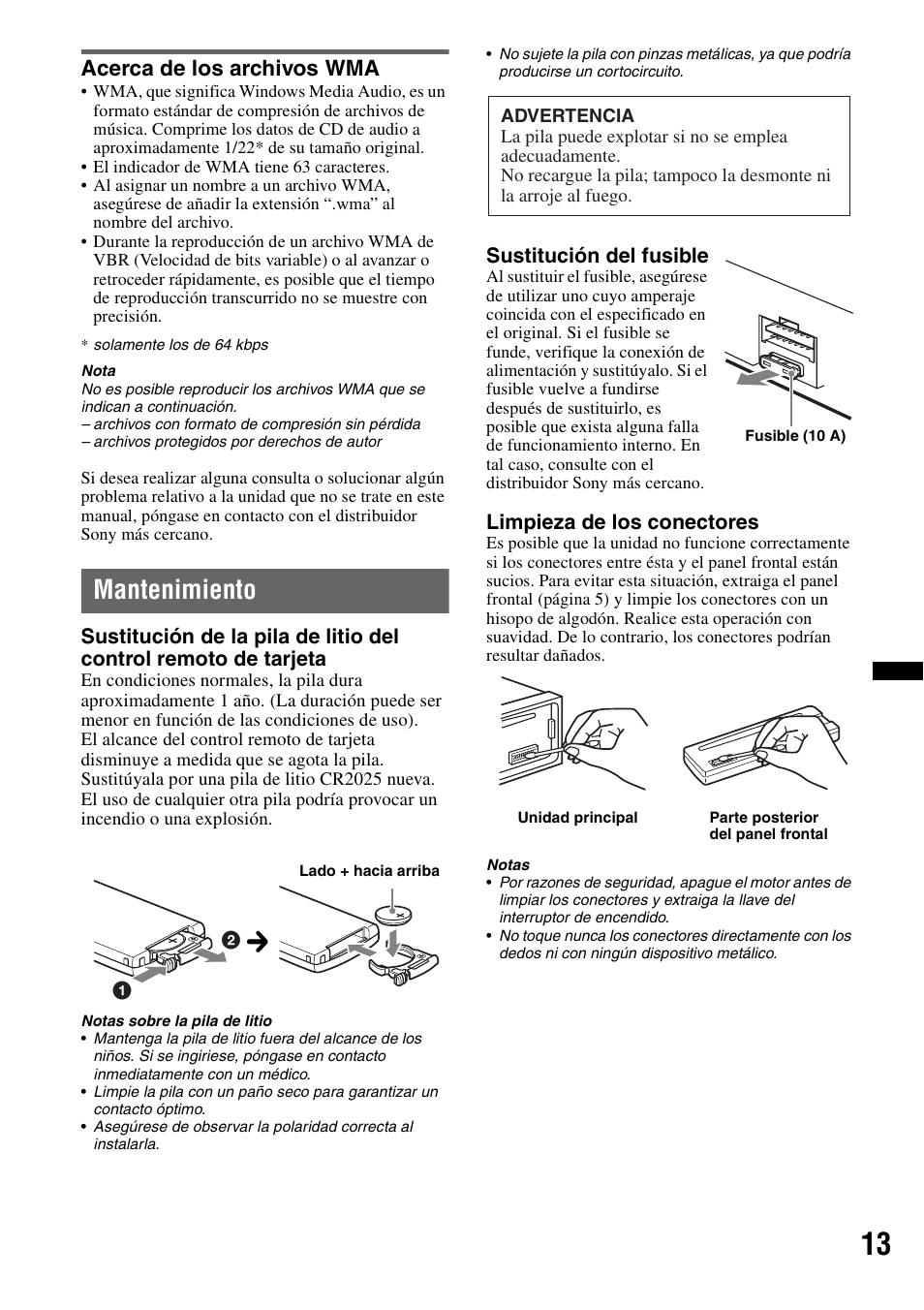 Acerca de los archivos wma, Mantenimiento | Sony CDX-GT292 User Manual | Page 29 / 36
