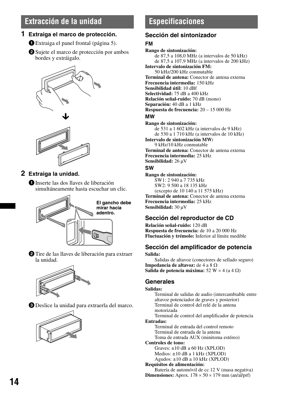 Extracción de la unidad, Especificaciones, Extracción de la unidad especificaciones | Sony CDX-GT292 User Manual | Page 30 / 36