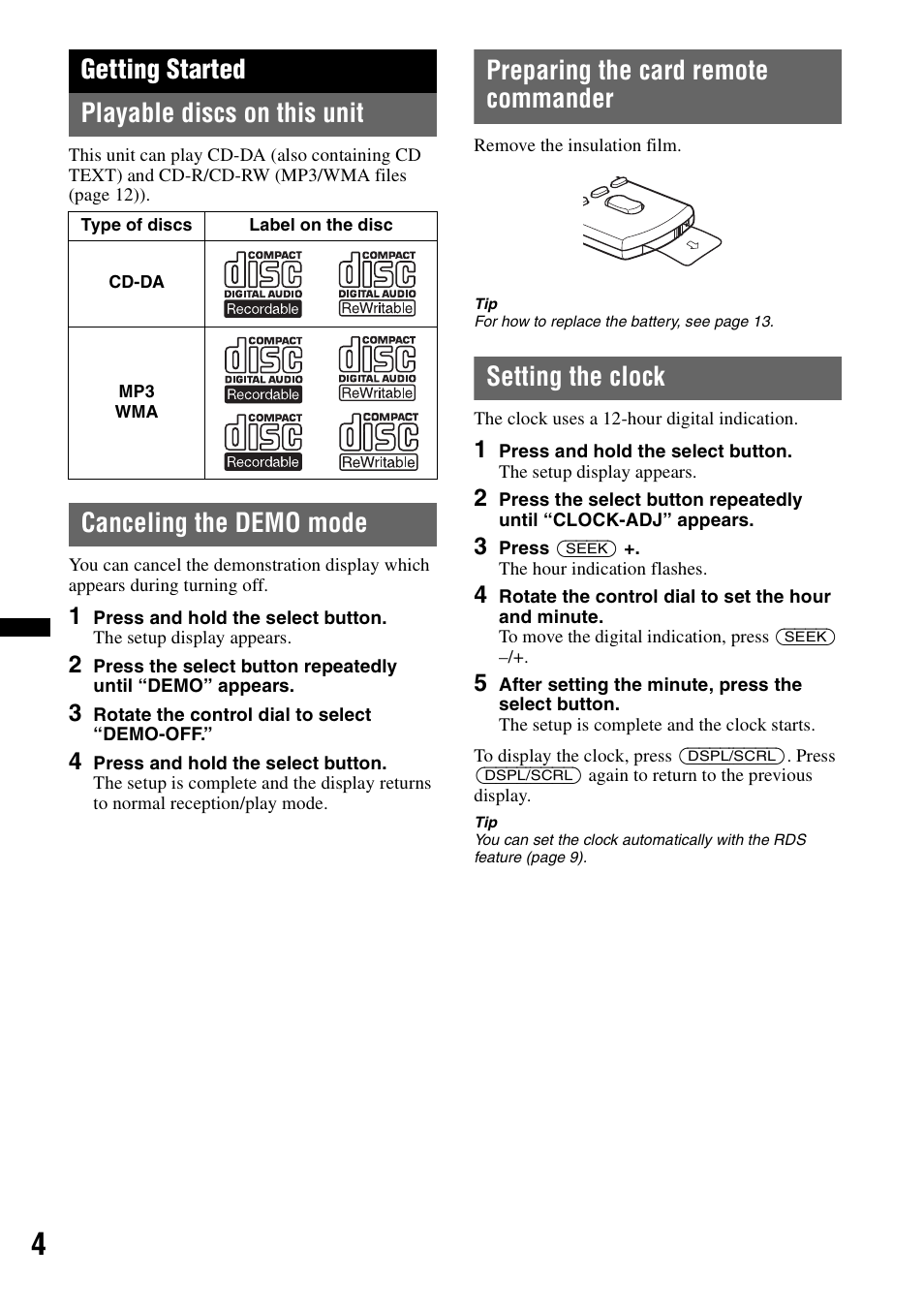 Getting started, Playable discs on this unit, Canceling the demo mode | Preparing the card remote commander, Setting the clock, Getting started playable discs on this unit | Sony CDX-GT292 User Manual | Page 4 / 36