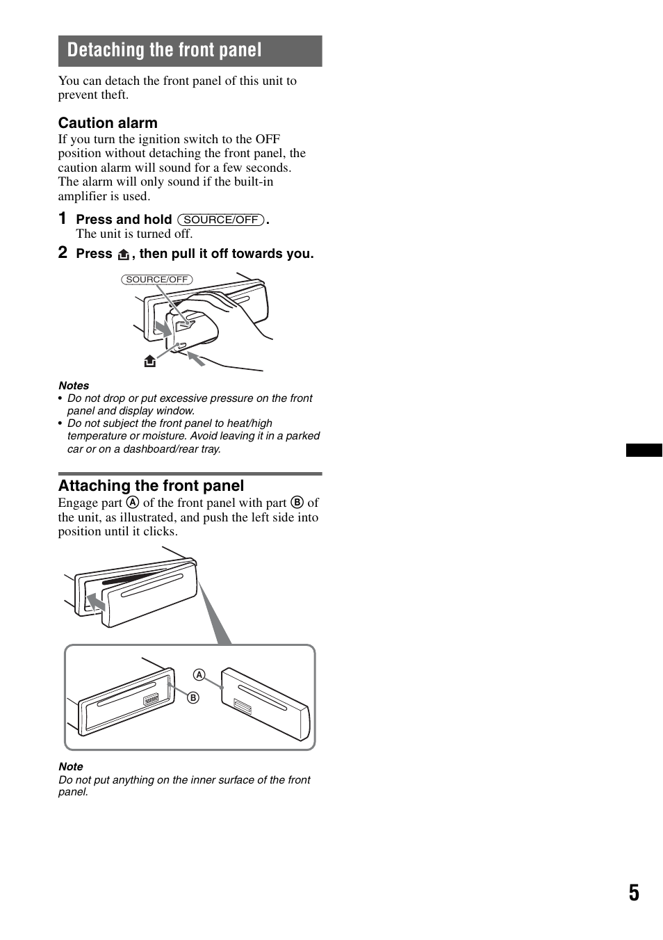 Detaching the front panel, Attaching the front panel | Sony CDX-GT292 User Manual | Page 5 / 36