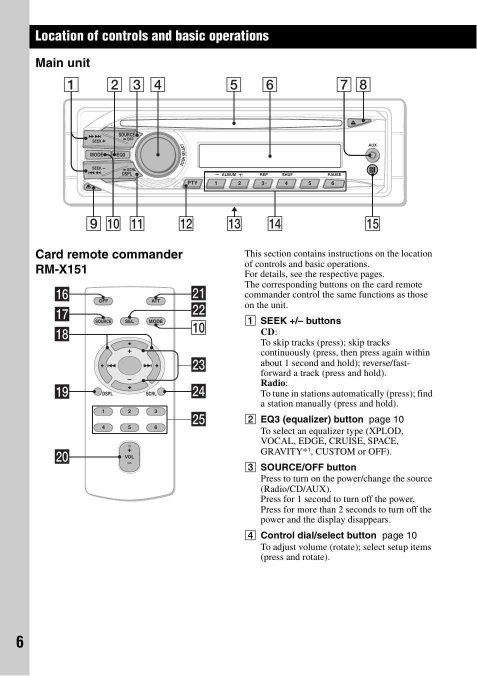 Location of controls and basic operations, Main unit, Card remote commander rm-x151 | Main unit card remote commander rm-x151, Qj ws q; qh wf qk ql wa w; wg wd | Sony CDX-GT292 User Manual | Page 6 / 36