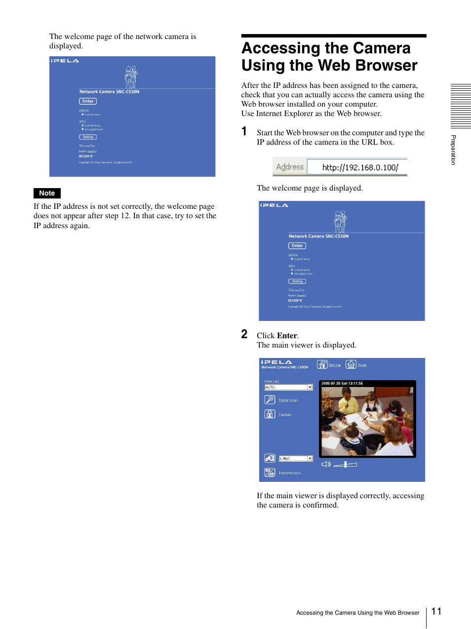 Accessing the camera using the web browser, Accessing the camera using the web browser 11 | Sony SNC-CS50N User Manual | Page 11 / 87