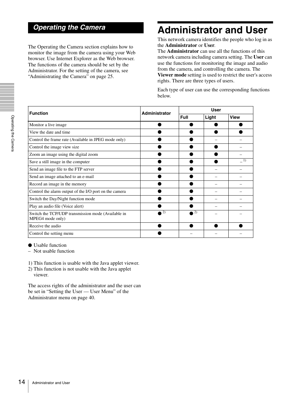 Operating the camera, Administrator and user | Sony SNC-CS50N User Manual | Page 14 / 87