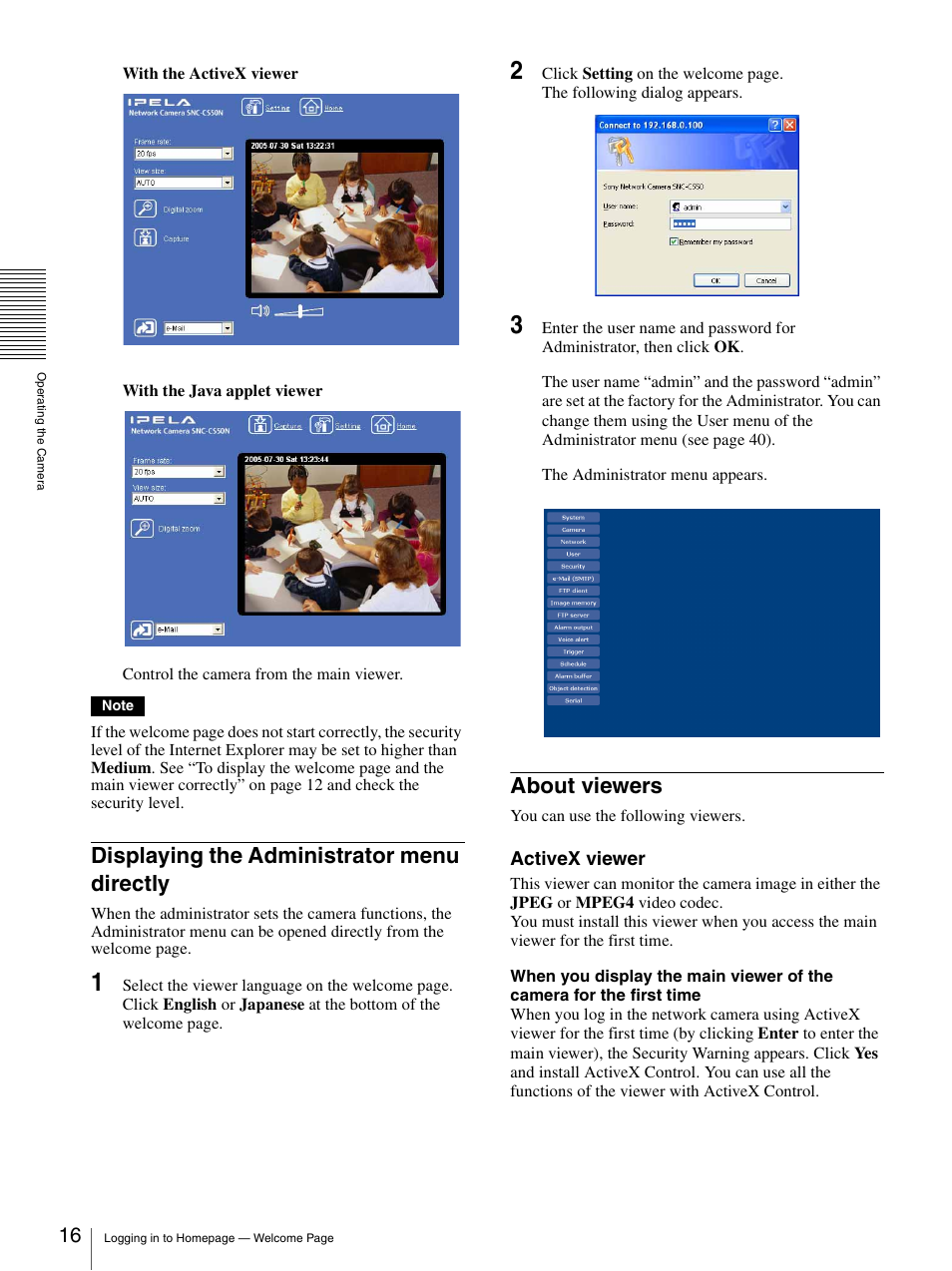 Displaying the administrator menu directly, About viewers | Sony SNC-CS50N User Manual | Page 16 / 87