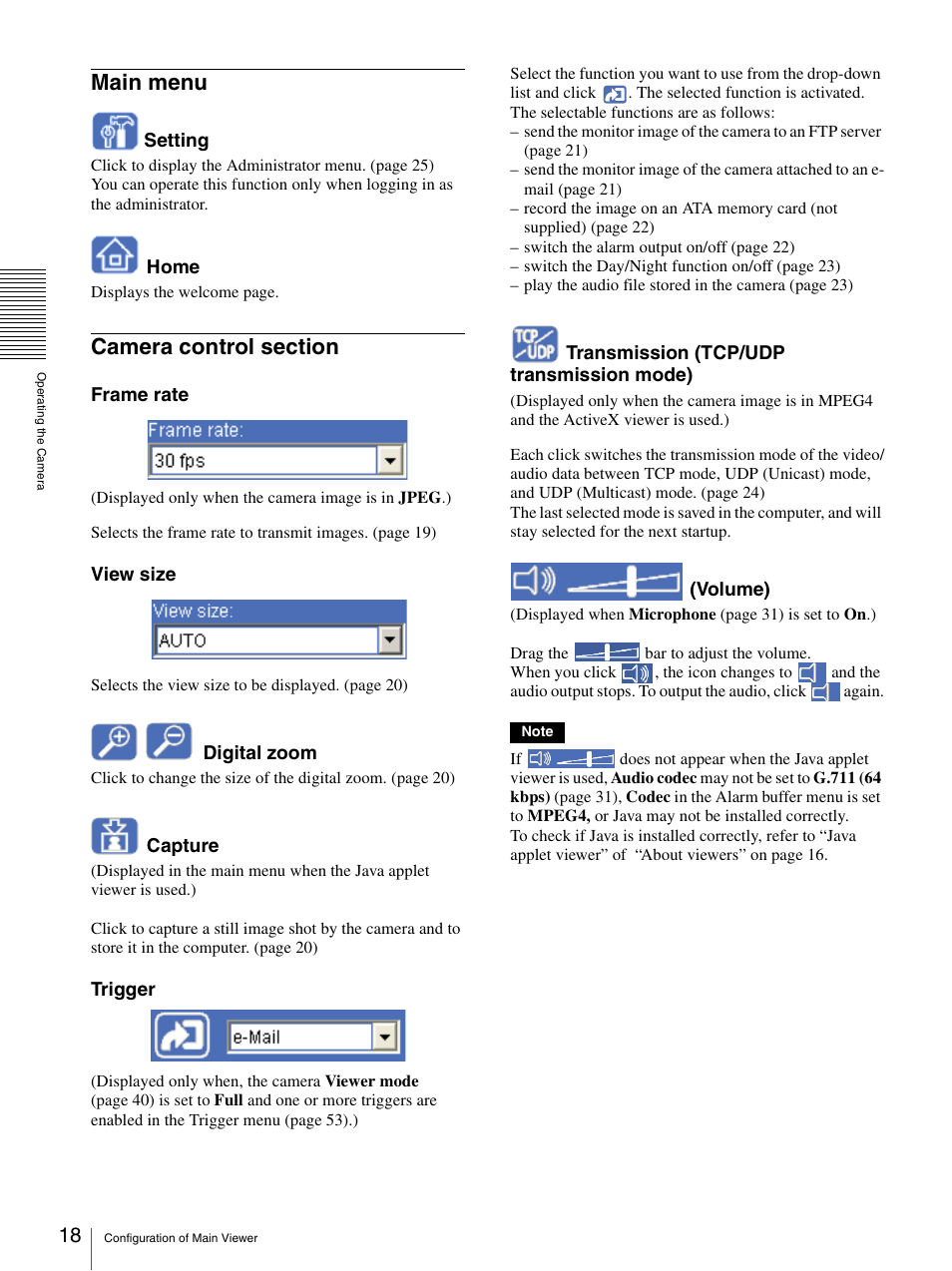Main menu, Camera control section, Main menu camera control section | Sony SNC-CS50N User Manual | Page 18 / 87
