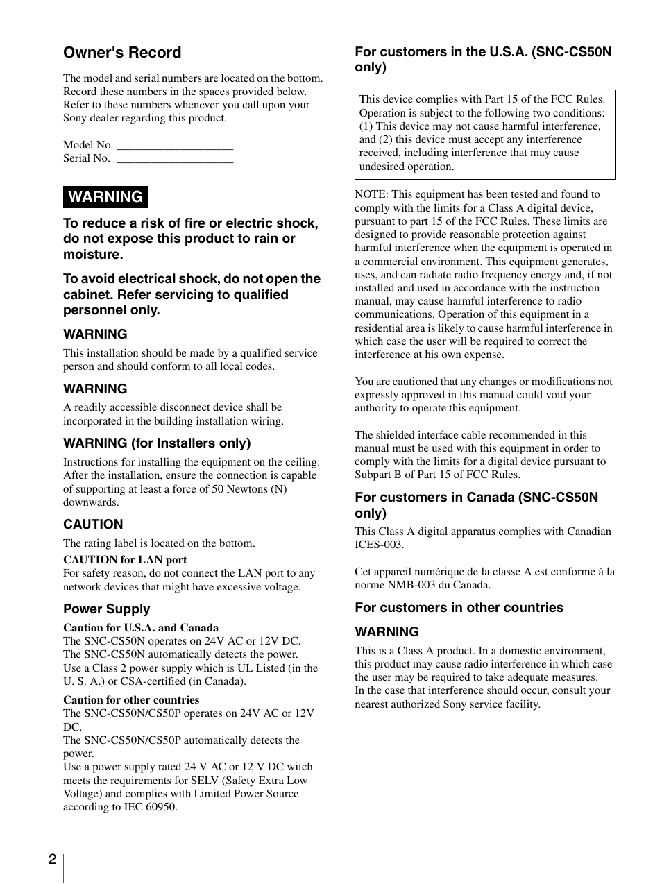 Owner's record, Warning | Sony SNC-CS50N User Manual | Page 2 / 87