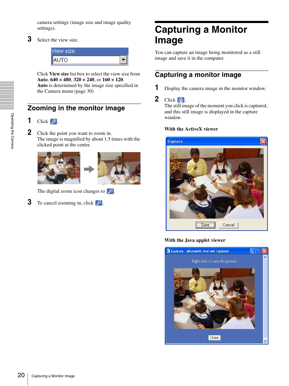 Zooming in the monitor image, Capturing a monitor image | Sony SNC-CS50N User Manual | Page 20 / 87