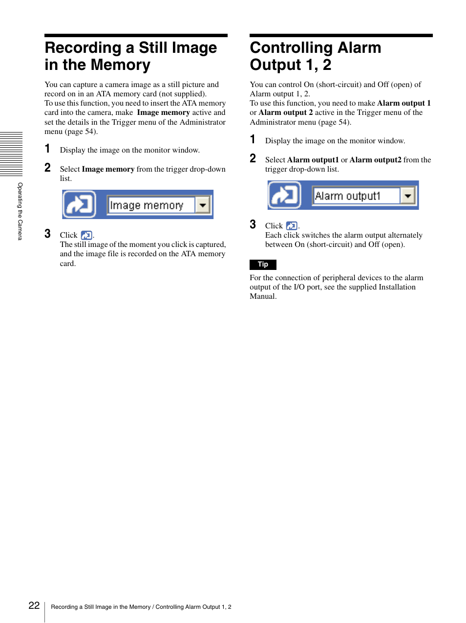 Recording a still image in the memory, Controlling alarm output 1, 2 | Sony SNC-CS50N User Manual | Page 22 / 87