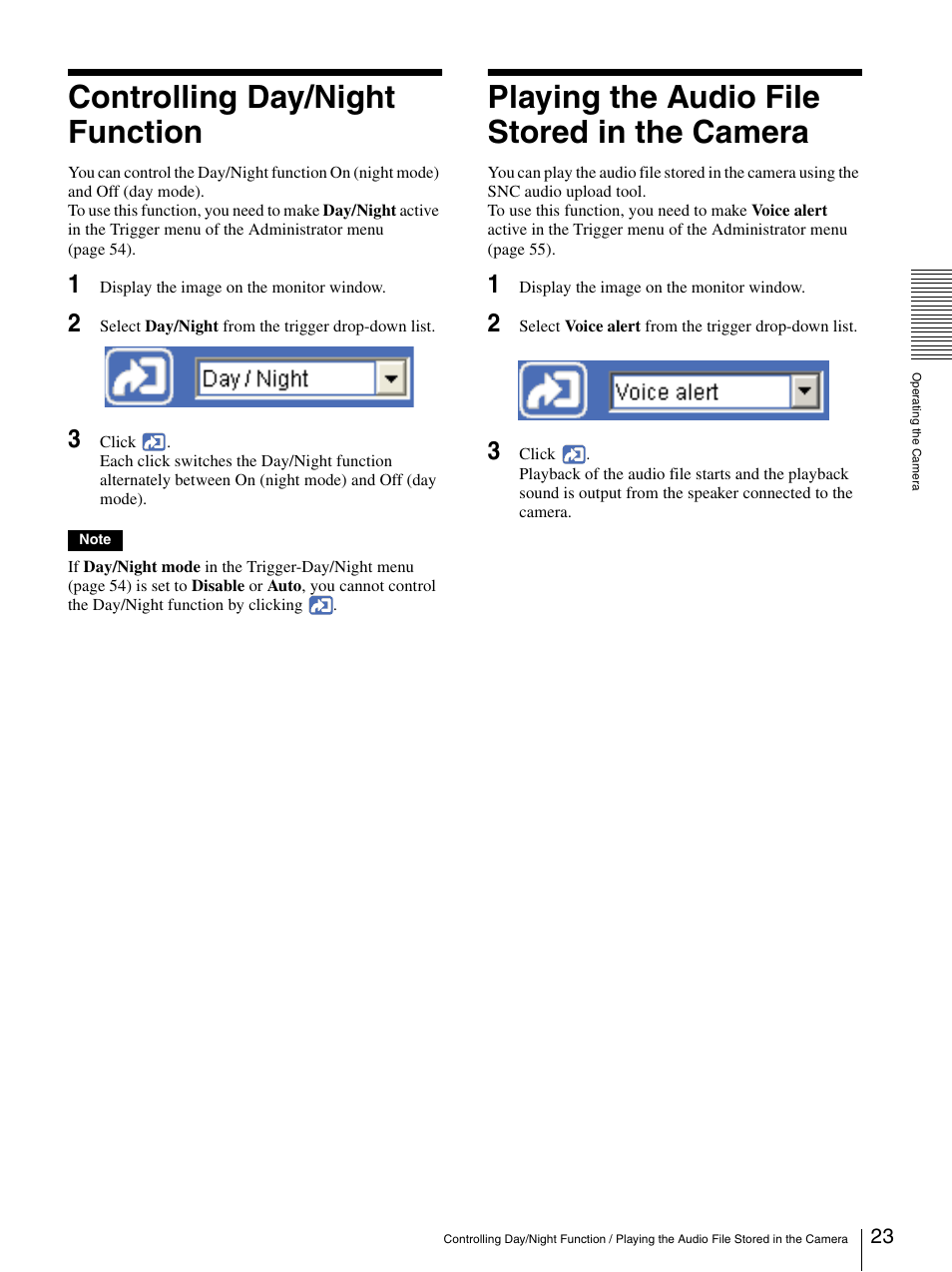 Controlling day/night function, Playing the audio file stored in the camera | Sony SNC-CS50N User Manual | Page 23 / 87