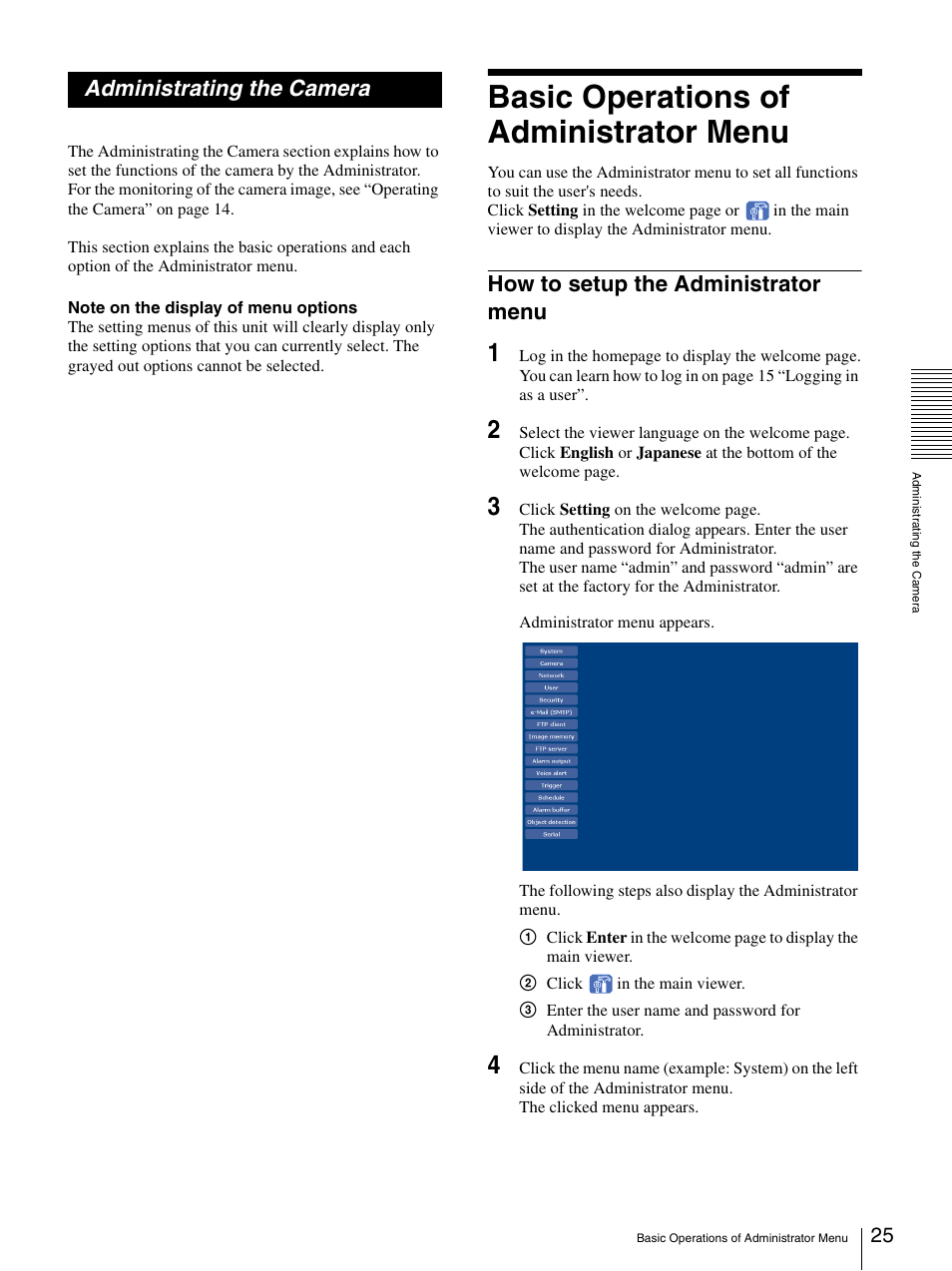 Administrating the camera, Basic operations of administrator menu, How to setup the administrator menu | Sony SNC-CS50N User Manual | Page 25 / 87