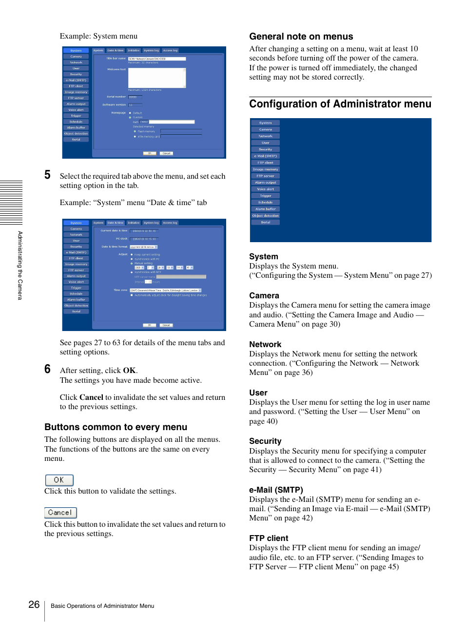 Configuration of administrator menu, Buttons common to every menu | Sony SNC-CS50N User Manual | Page 26 / 87