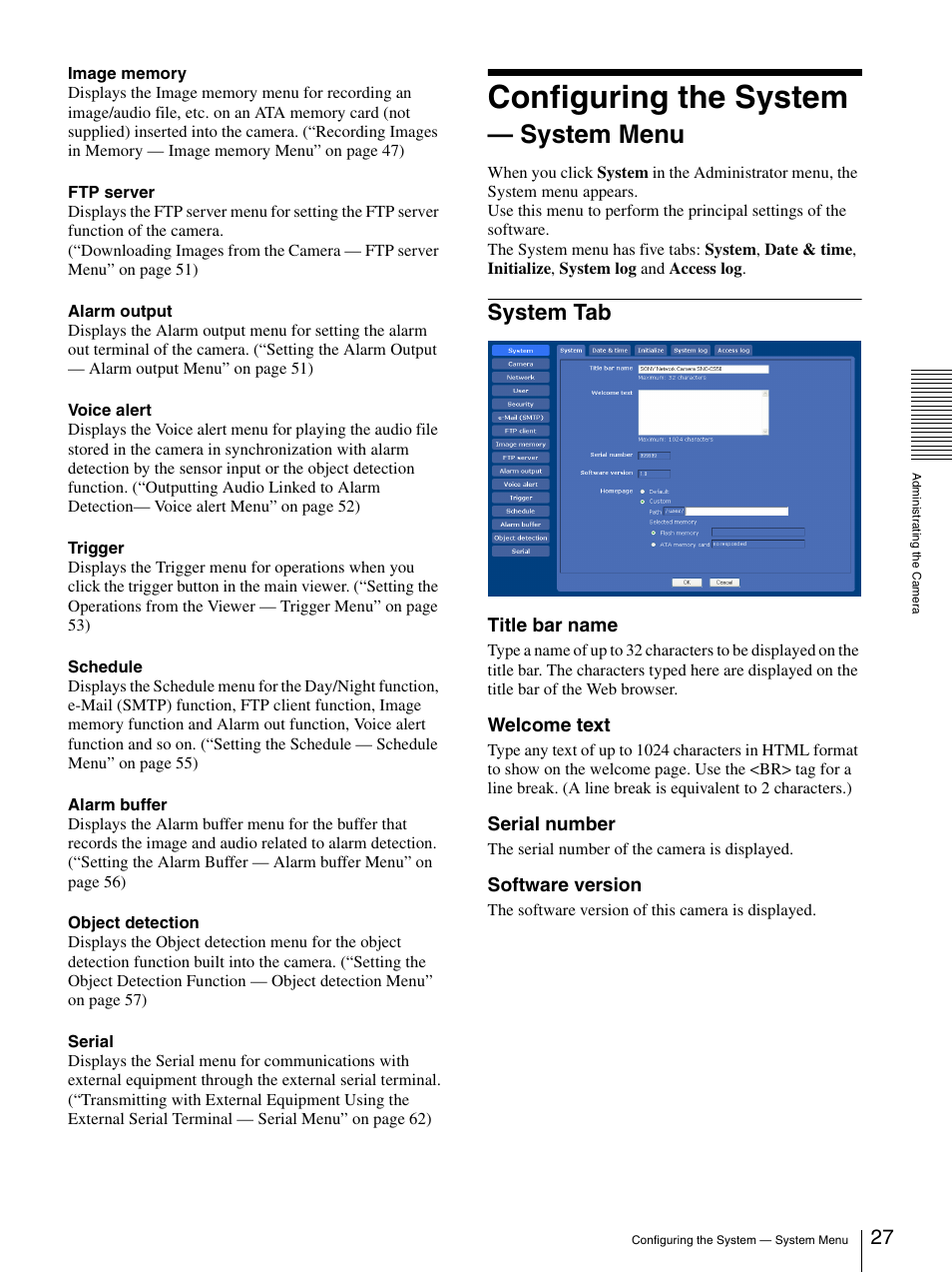 Configuring the system - system menu, System tab, Configuring the system — system menu | Configuring the system, System menu | Sony SNC-CS50N User Manual | Page 27 / 87