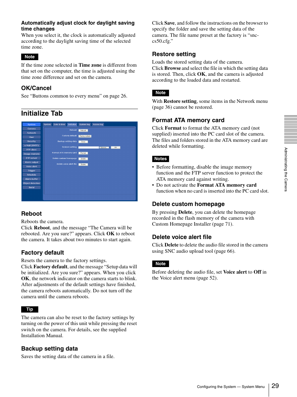 Initialize tab, Ok/cancel, Reboot | Factory default, Backup setting data, Restore setting, Delete custom homepage, Delete voice alert file | Sony SNC-CS50N User Manual | Page 29 / 87