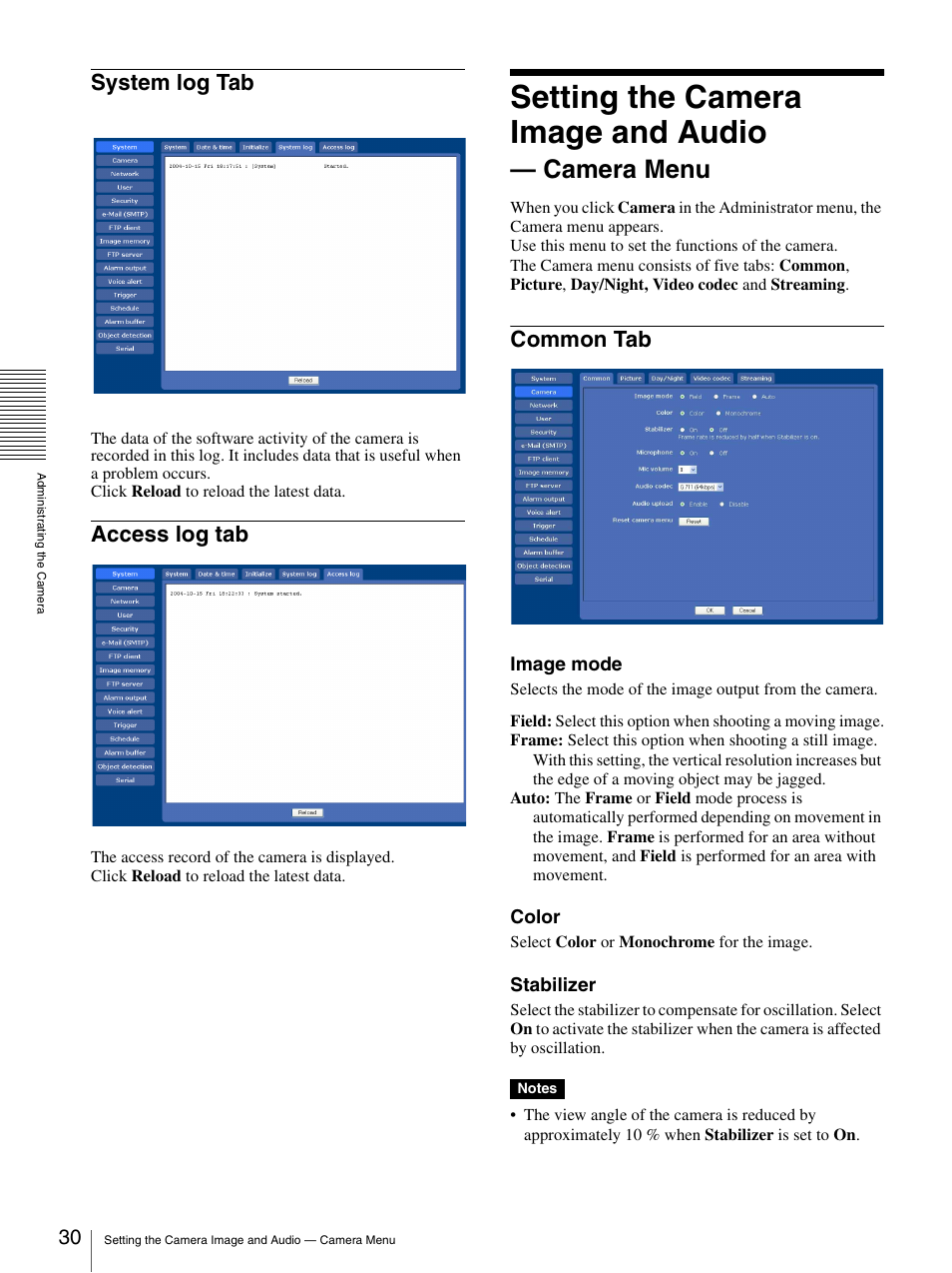 System log tab, Access log tab, Setting the camera image and audio - camera menu | Common tab, System log tab access log tab, Setting the camera image and audio — camera menu, Setting the camera image and audio, Camera menu | Sony SNC-CS50N User Manual | Page 30 / 87