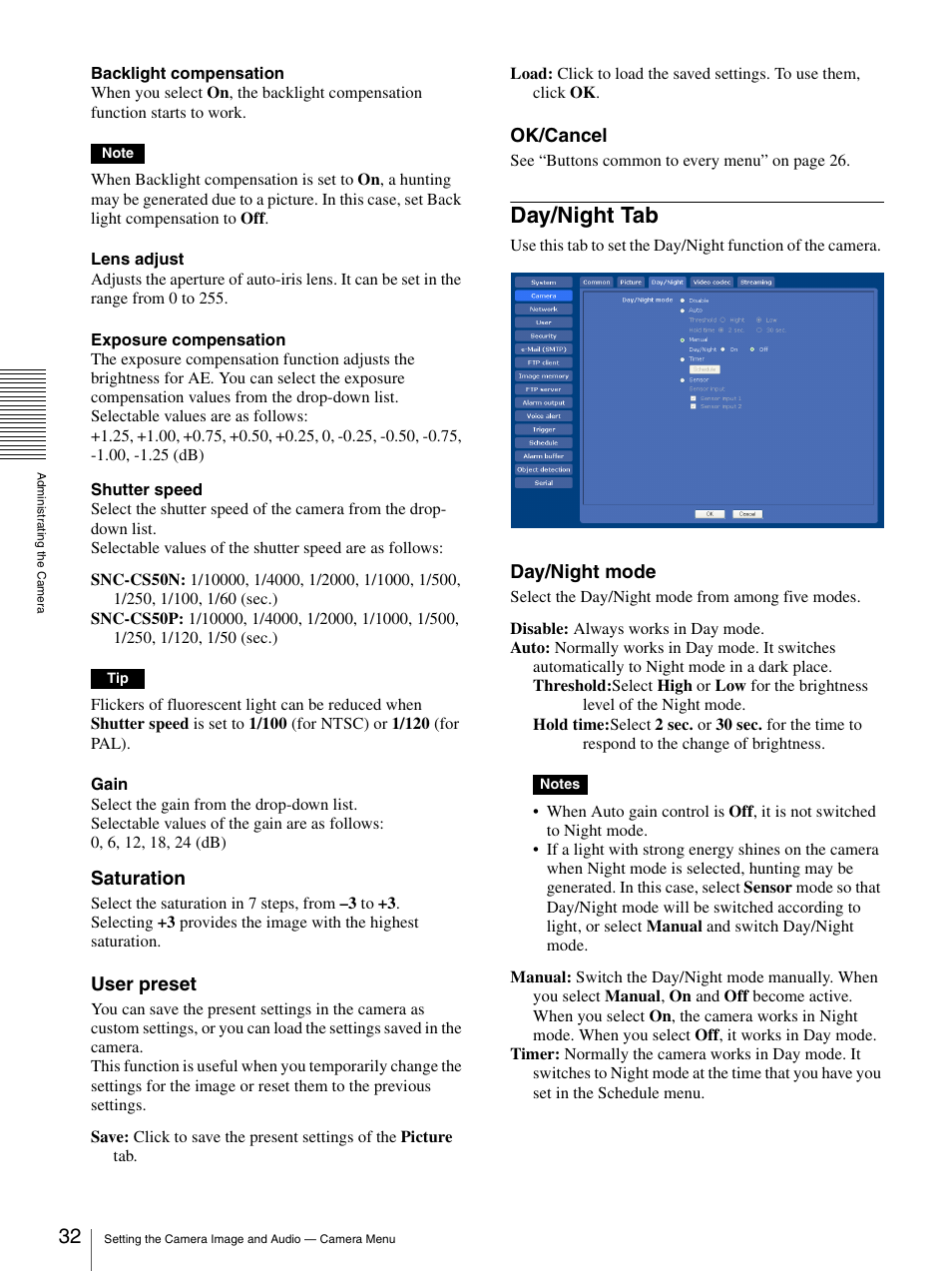 Day/night tab, Saturation, User preset | Ok/cancel, Day/night mode | Sony SNC-CS50N User Manual | Page 32 / 87
