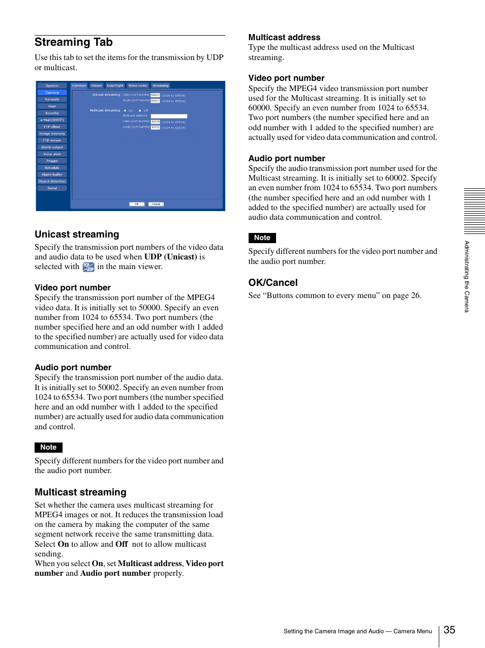 Streaming tab, Unicast streaming, Multicast streaming | Ok/cancel | Sony SNC-CS50N User Manual | Page 35 / 87