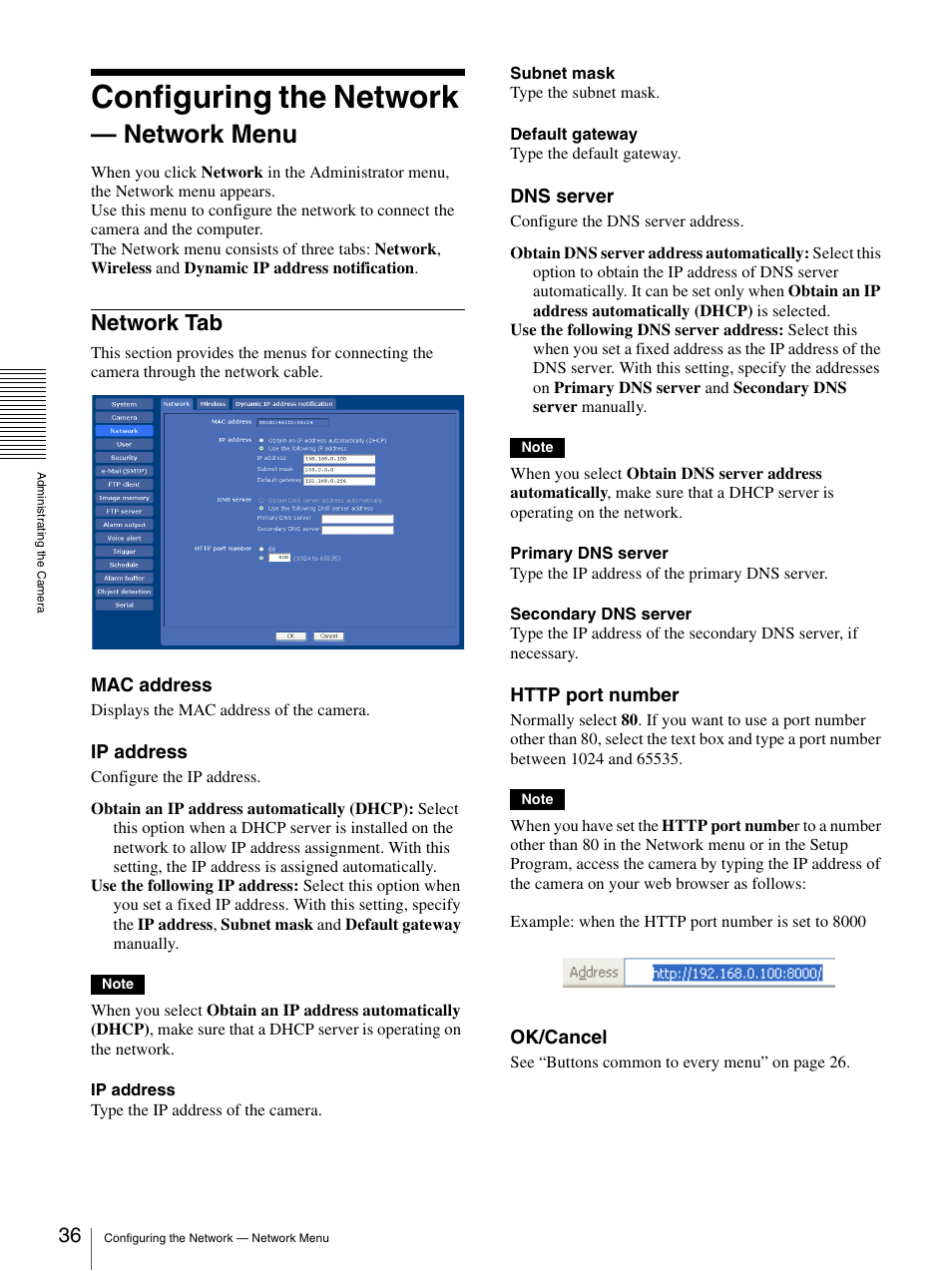 Configuring the network - network menu, Network tab, Configuring the network — network menu | Configuring the network, Network menu | Sony SNC-CS50N User Manual | Page 36 / 87
