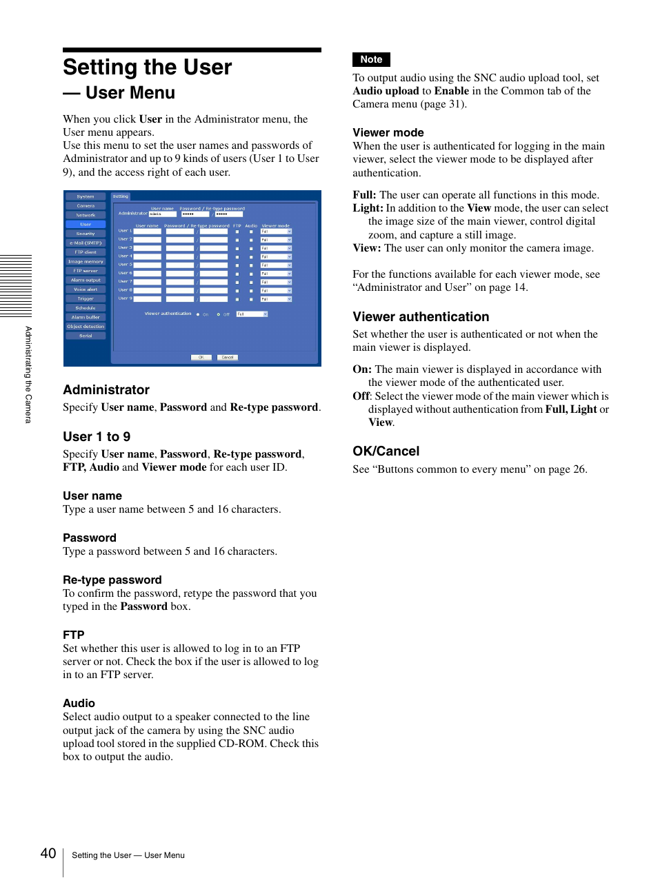 Setting the user - user menu, Setting the user — user menu, Setting the user | User menu | Sony SNC-CS50N User Manual | Page 40 / 87
