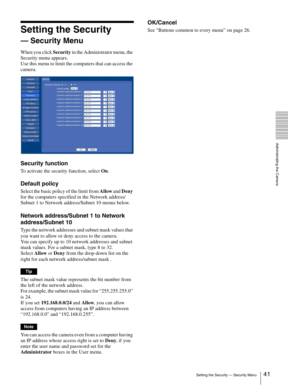 Setting the security - security menu, Setting the security — security menu, Setting the security | Security menu, Security function, Default policy, Ok/cancel | Sony SNC-CS50N User Manual | Page 41 / 87