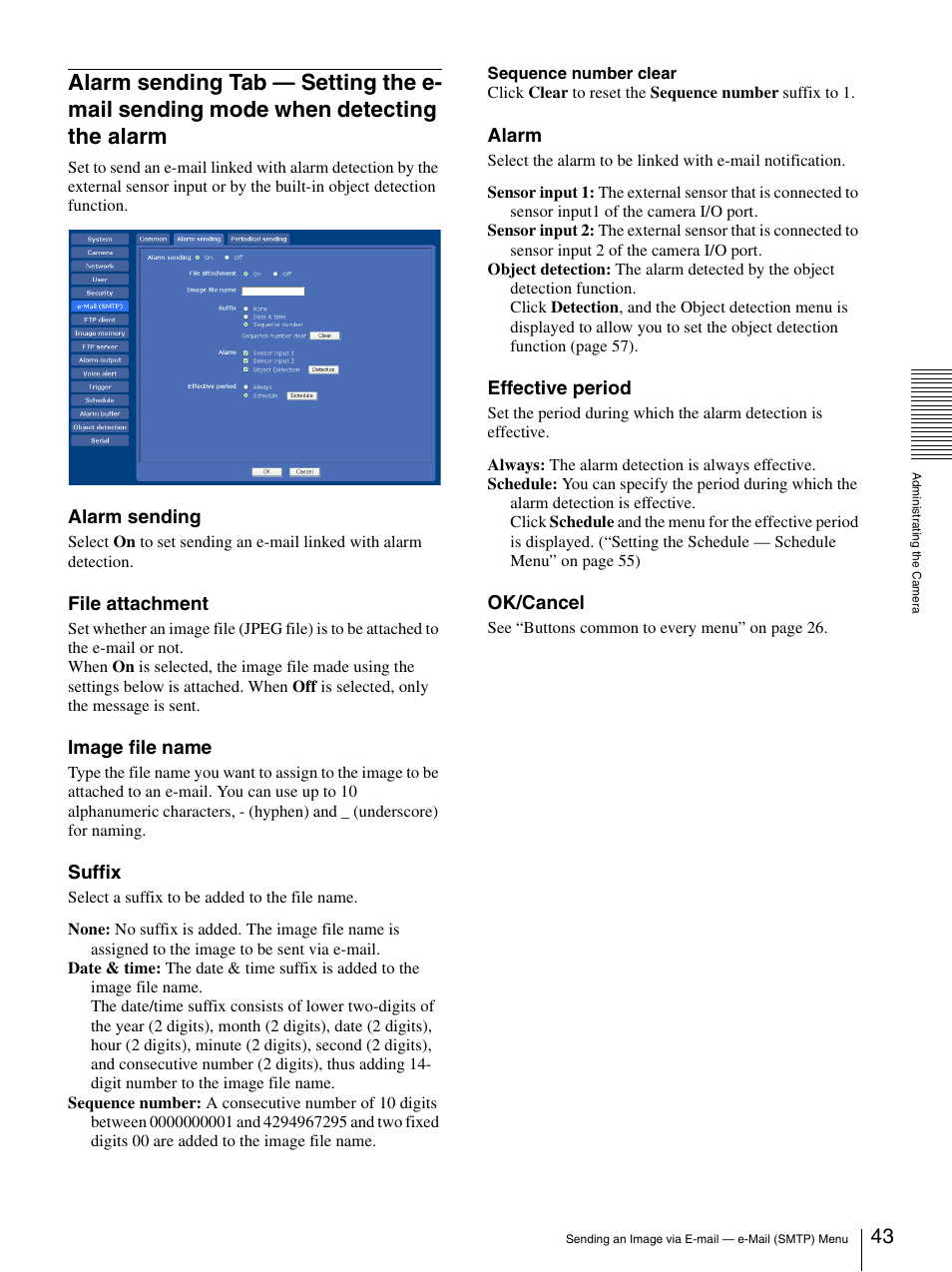 Alarm sending tab — setting the e-mail sending, Mode when detecting the alarm, Alarm sending | File attachment, Image file name, Suffix, Alarm, Effective period, Ok/cancel | Sony SNC-CS50N User Manual | Page 43 / 87