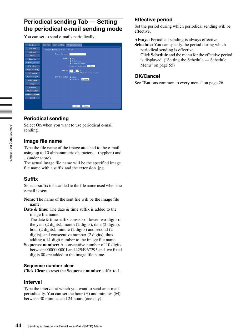 Periodical sending tab — setting the periodical e, Mail sending mode, Periodical sending | Image file name, Suffix, Interval, Effective period, Ok/cancel | Sony SNC-CS50N User Manual | Page 44 / 87