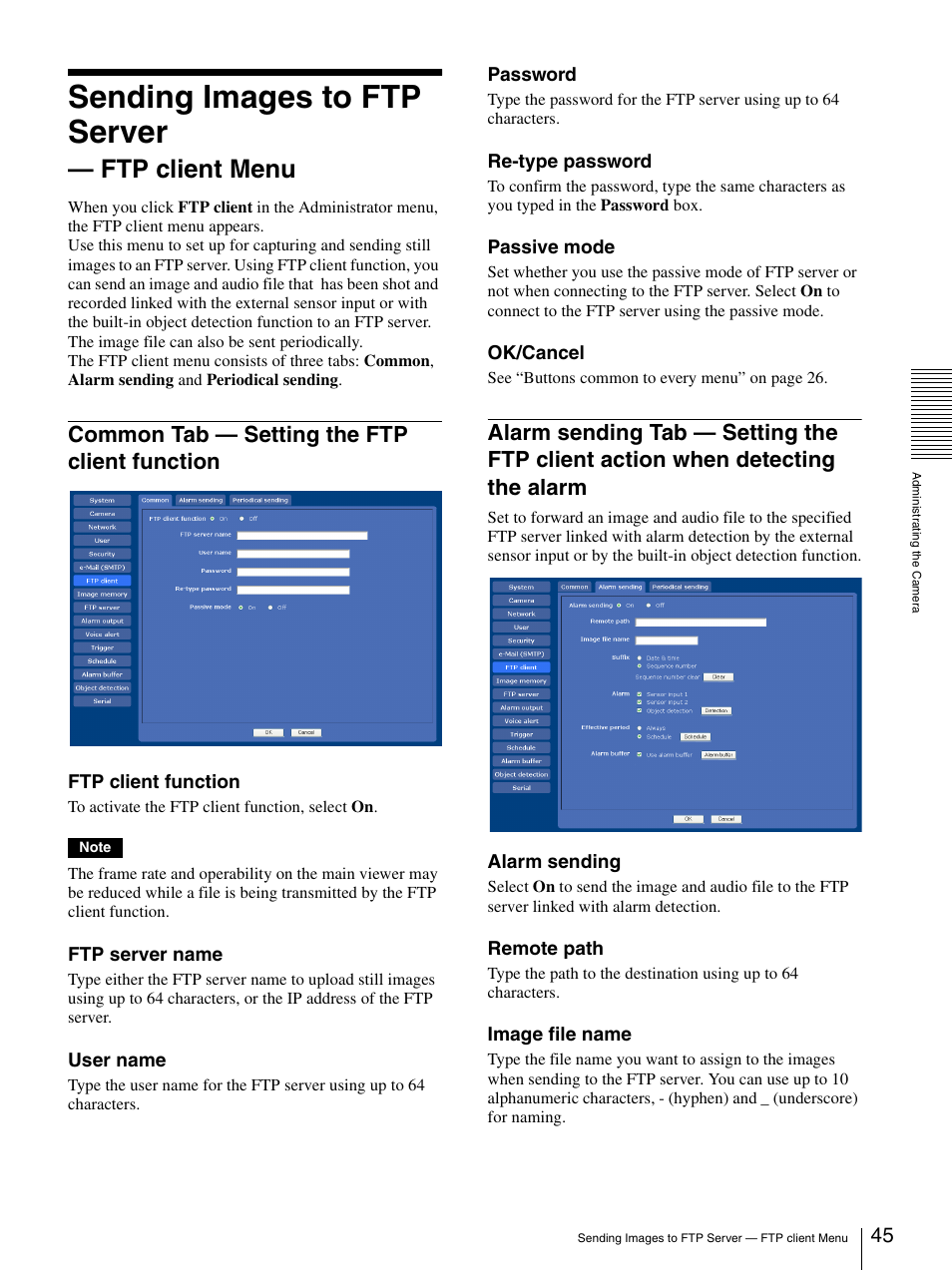 Sending images to ftp server - ftp client menu, Common tab - setting the ftp client function, Sending images to ftp server — ftp client menu | Common tab — setting the ftp client function, Alarm sending tab — setting the ftp client, Action when detecting the alarm, Sending images to ftp server, Ftp client menu | Sony SNC-CS50N User Manual | Page 45 / 87