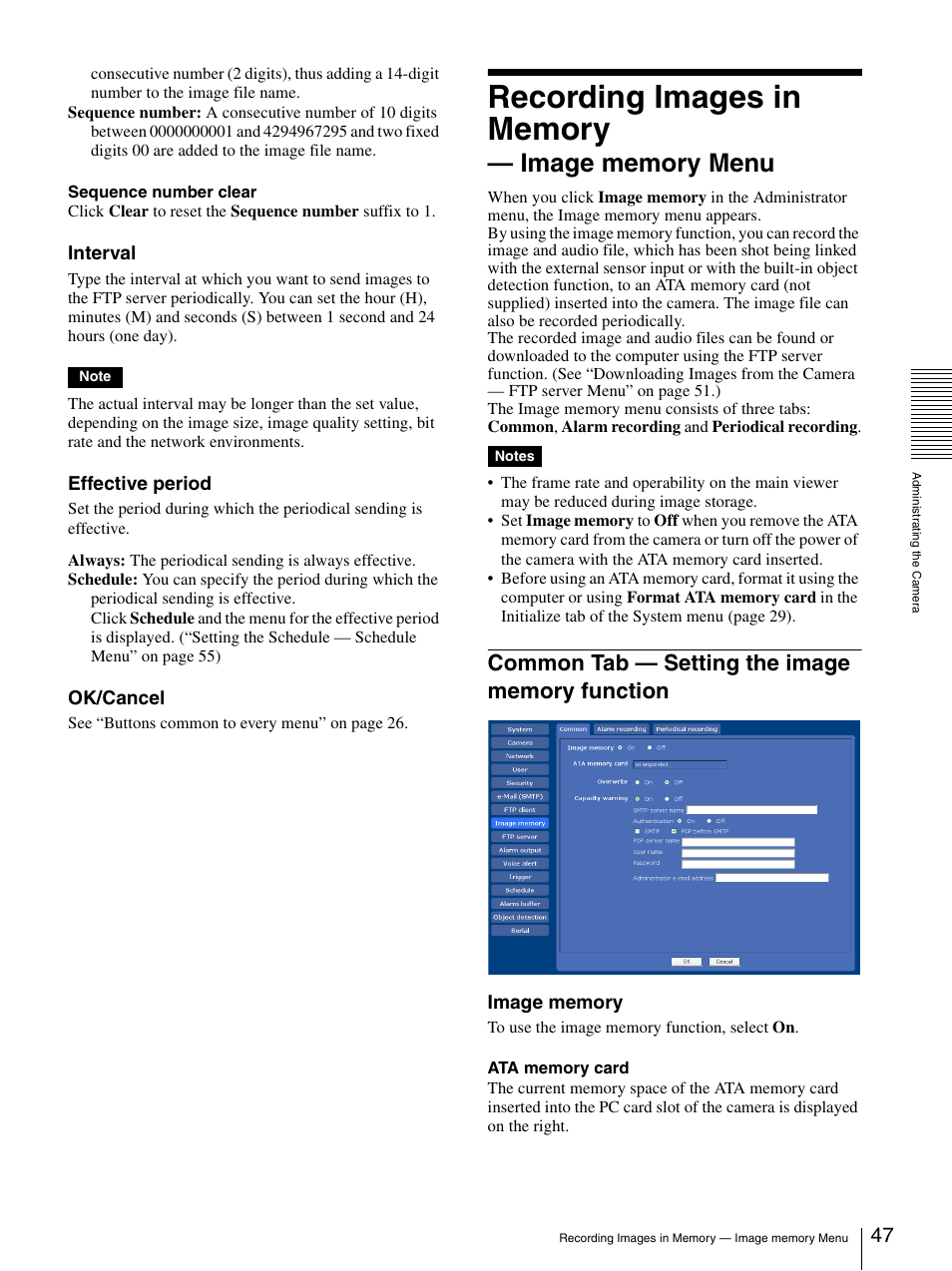 Recording images in memory - image memory menu, Common tab - setting the image memory function, Recording images in memory — image memory menu | Common tab — setting the image memory, Function | Sony SNC-CS50N User Manual | Page 47 / 87